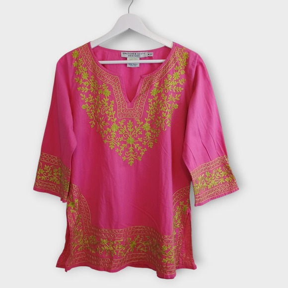 Gretchen Scott Tunic Womens Medium Pink Embroidered Floral Hipster Boho Blouse - Picture 1 of 6